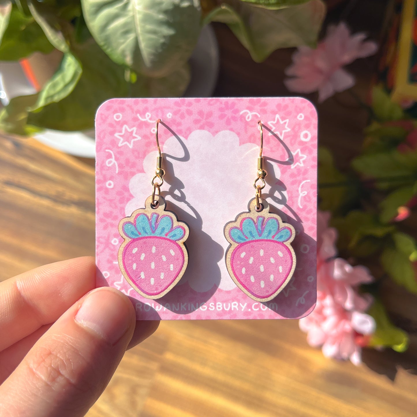 Pink Strawberry Wooden Earrings