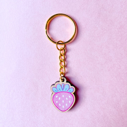 Pink Strawberry Wooden Keychain