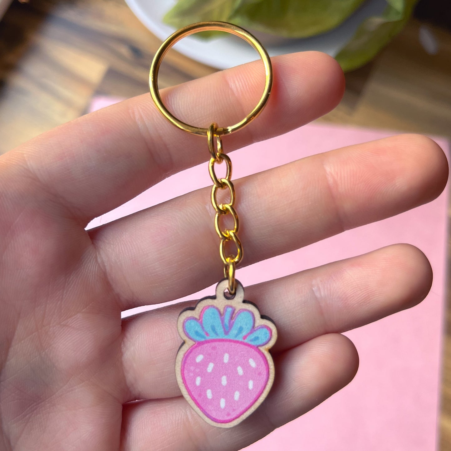 Pink Strawberry Wooden Keychain